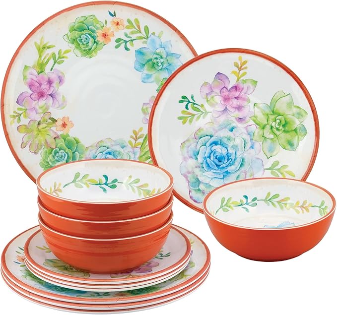 UPware 12 Piece Sweet Succulents Melamine Dinnerware Sets Outdoor Dishes Set Plates and Bowls Sets Service for 4 Multicolor