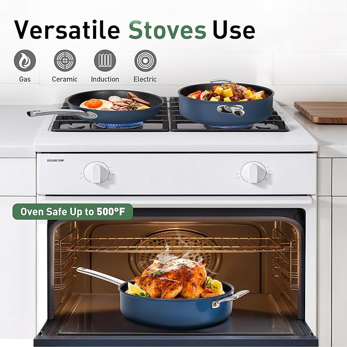 Kitchen Academy 3 Pcs Plasma Titanium Nonstick Frying Pans Set Induction 10 Skillet &amp 11.8/6QT Saute Pan with Stainless Steel Handle PFOA &amp PFAS-Free Oven Safe