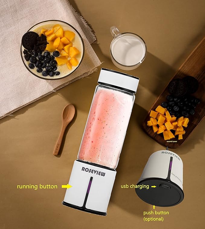 Portable Smoothie blender ROSEVIEW Glass bottle USB rechargeable mini Handheld Ice Shakes Cup 2 blend juicer Cordless Personal smoothies maker Fruit mixer (Egg White)
