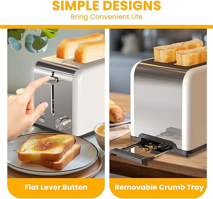 Simple Deluxe 2-Slice Stainless Steel Toaster Extra Wide Slot Toaster &amp Removable Crumb Tray with 6 Browning Setting and 3 Function for Bread &amp Waffle White