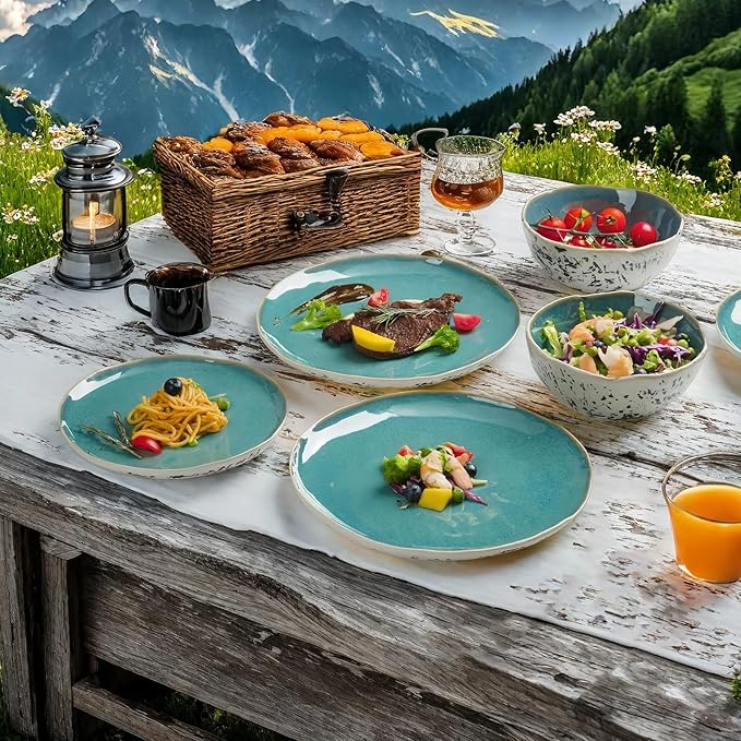 12pcs Dinnerware Set Service for 4 Handmade StonewareCeramic Dish Set Plates and Bowls set Dinner Set Reactive Glazed Microwave and Dishwasher Safe (BLUE)