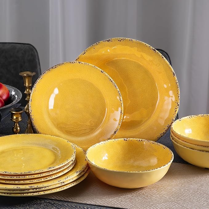 12-Piece Rustic Melamine Dinnerware Set With Dinner Plate Salad Plate And Large Capacity All Purpose BowlsService for 4 Indoor And Outdoor Use Yellow