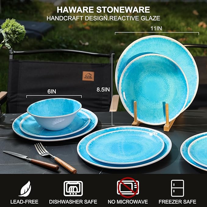 Melamine Dinnerware Sets 12 Pcs Melamine Plates and BowlsParty Plates and Bowls Sets Camping Dishes Set for 4 Unbreakable BPA Free Dishwasher Safe (Lake blue)
