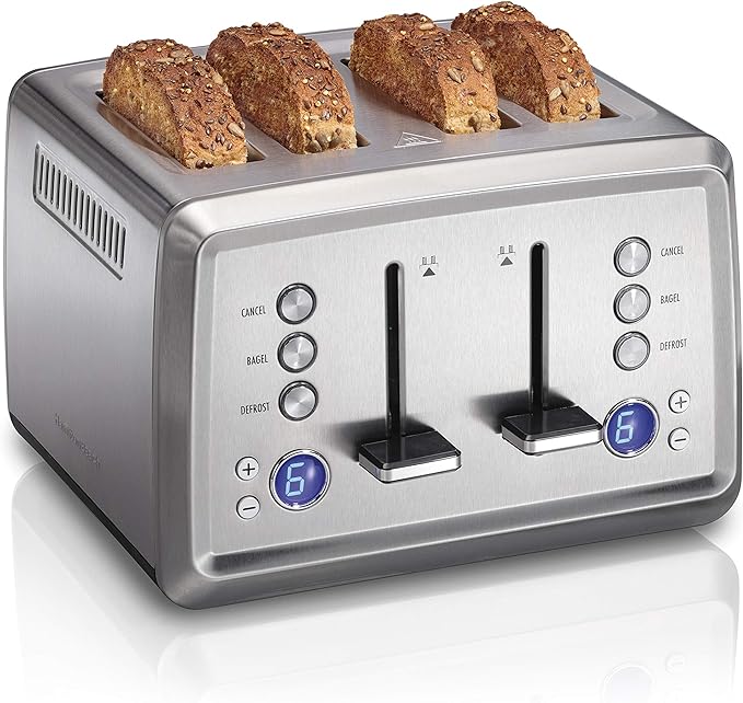 Hamilton Beach 4 Slice Toaster with Extra-Wide Slots Bagel Setting Toast Boost Slide-Out Crumb Tray Auto-Shutoff &amp Cancel Button Digital with Defrost Function Stainless Steel (24796)