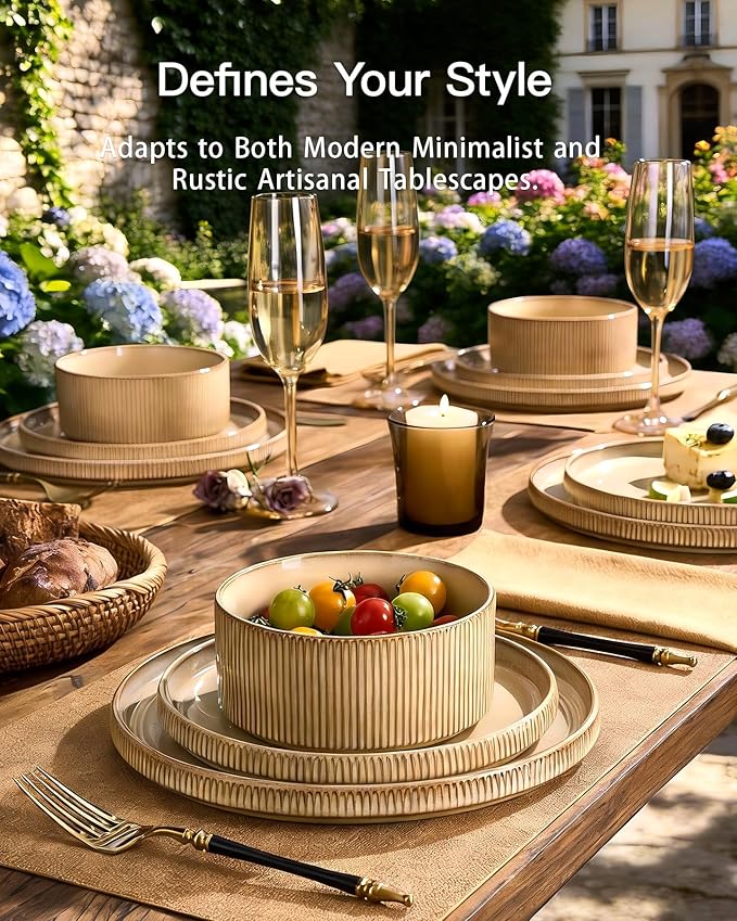 24-Piece Dinnerware Set Service for 8 Famiware Premium Stoneware Dish Set with Ribbed Plates and Deep Bowls Double Reactive Glaze Chip &amp Scratch Resistant Microwave &amp Dishwasher Safe Crea