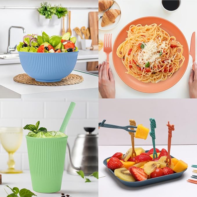 66pcs Unbreakable Tableware Sets for 6 People Plastic Plates and Bowls SetLightweight Plastic Reusable Plates Bowls CupsCutlery Set Straw ForksChildren Dinnerware Set