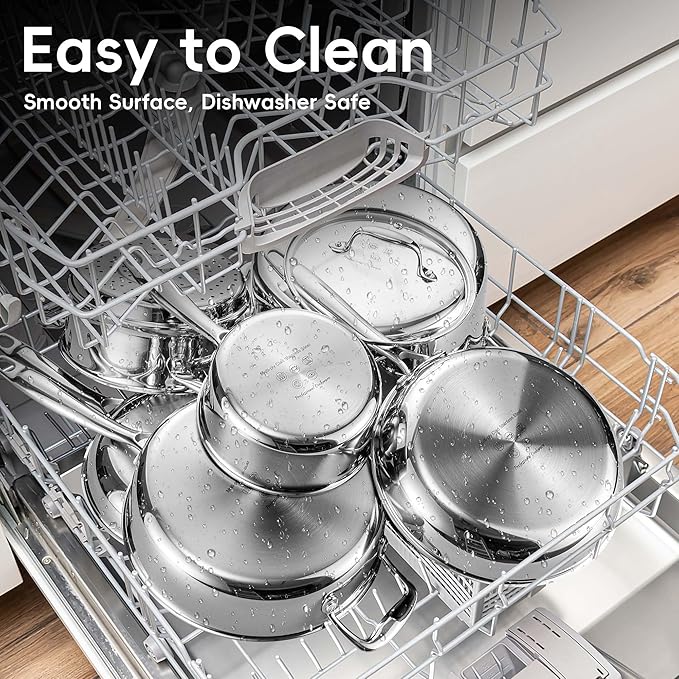 Tri Ply Stainless Steel Cookware Set 16-Piece Stainless Steel Pots and Pans Set with Kitchen Utensils and Steamer Non-Toxic Multiclad Induction Oven Compatible Dishwasher Safe