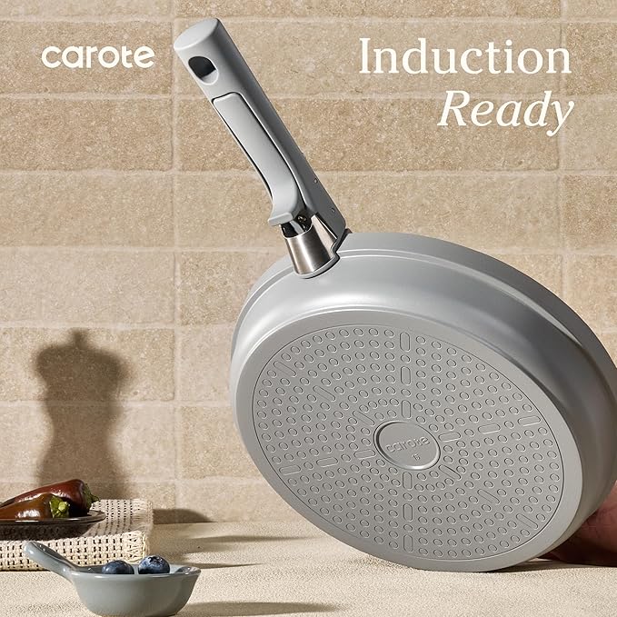 Carote 20pcs Ceramic Cookware Set with Detachable Handles Pots and Pans Set Non Stick RV Kitchen Cooking Pot and Pan Dishwasher Safe Non-toxic Induction Cookware PFAS and PFOA Free Grey