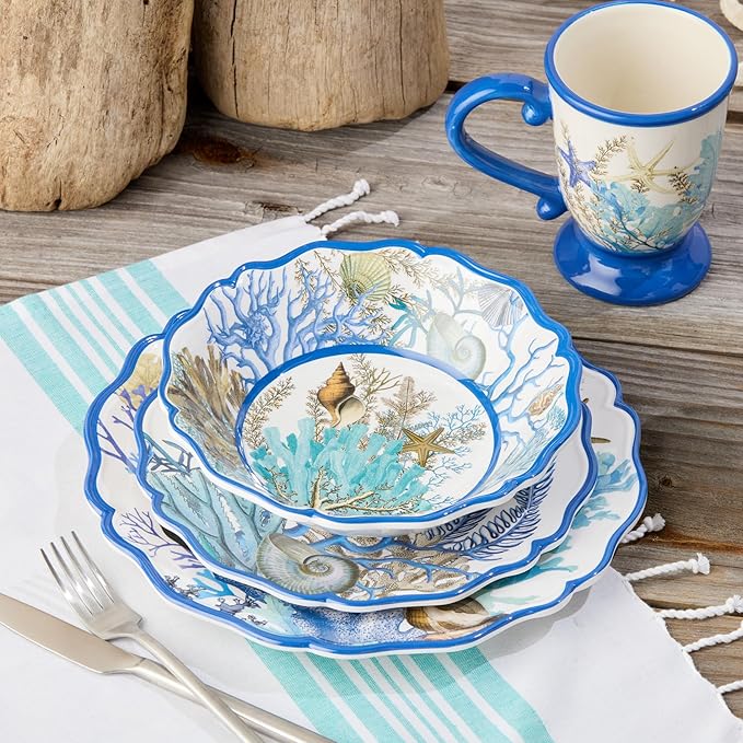 Blue Lagoon Melamine 12-Piece Dinnerware Set – Coastal Coral and Shell Design Service for 4 – 11 Dinner Plates 9 Salad Plates and 28oz Bowls – Durable Lightweight BPA-Free Dishwasher SafE