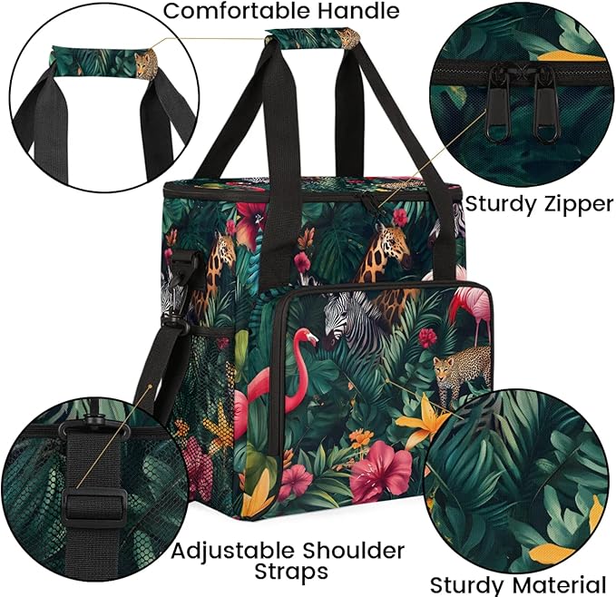 Tropical Animals Coffee Maker Travel Bag Palm Leaves Insulated Grocery Bag Travel Picnic Leakproof Cooler Bags With Shoulder Strap