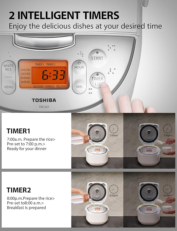 Toshiba Rice Cooker 6 Cup Uncooked – Japanese Rice Cooker with Fuzzy Logic Technology 7 Cooking Functions Digital Display 2 Delay Timers and Auto Keep Warm Non-Stick Inner Pot White
