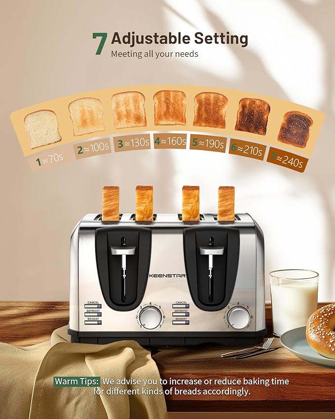Toaster 4 Slice Keenstar Extra-Wide Slot Toaster with Dual Control Panels of Bagel/Defrost/Cancel Function 7 Toasting Bread Shade Settings Removable Crumb Trays Auto Pop-Up Stainless Steel