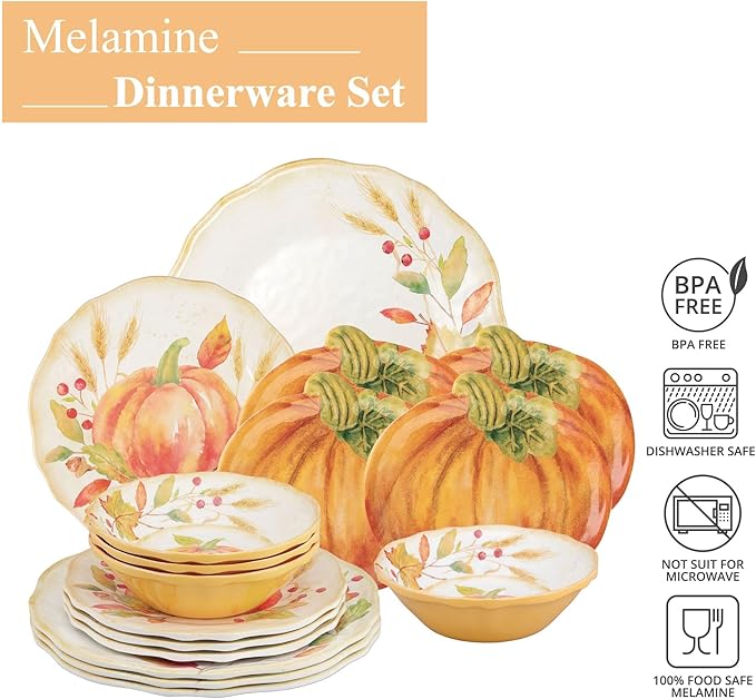 UPware 16 Piece Pumpkin Melamine Dinnerware Sets Outdoor Dishes Set Plates and Bowls Sets Autumn Thanksgiving Decorations Service for 4 Orange
