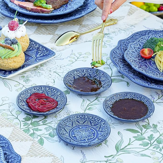 Sungmor Embossed Stoneware Fine Dining Dinnerware Antique Baroque Style Porcelain 4 Inch Soy Saucer Dish Set of 4 Sophisticated Ceramic Dipping Bowl Appetizer Dessert Plate Ketchup Spices Bowl