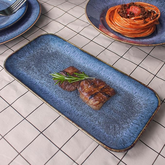 Ceramic Dinner Plates Dish SetSet of 4 for Lunch snacks - Microwave Oven &amp Dishwasher SafeScratch Resistant Dinnerware Kitchen Porcelain Serving DishesBlue 12.4 Inch Rectangle plate