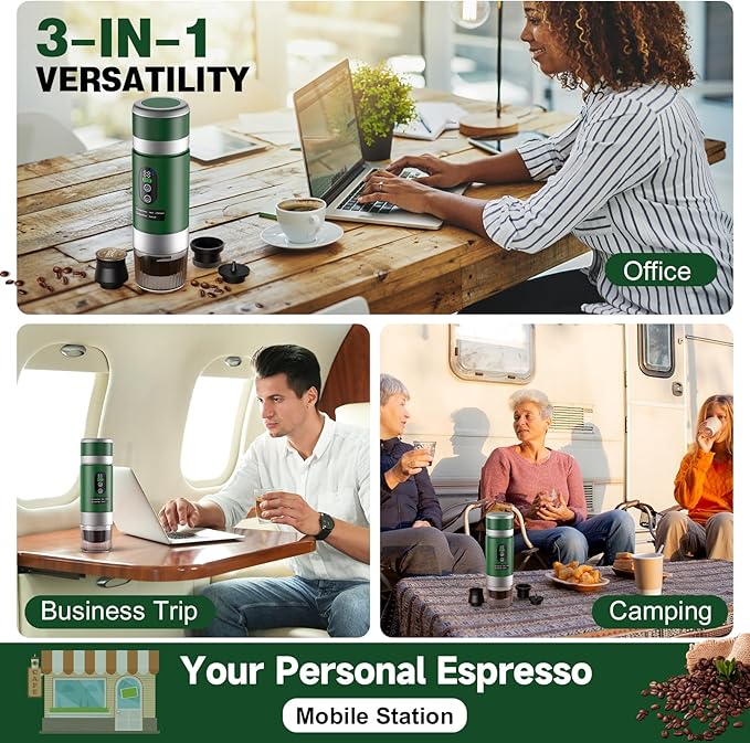 Portable Espresso Machine with Removeable Battery 20 bar Mini Travel Coffee maker Expresso Maker with USB-C3-in-1 Car Coffee Maker Self-Heating Ground Coffee &amp Capsule(Ns&ampDG)