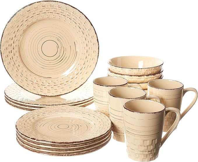 Lorren Home Trends 16 Piece Distressed Weave Dinnerware Set-Buttercup