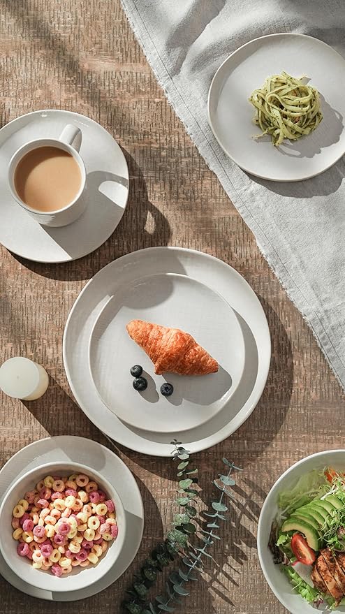Famiware Moonlight Plates and Bowls Sets 12 Pieces Stoneware Dinnerware Sets with Linen Finish Handmade Dishware Set for 4 Microwave and Dishwasher Safe Chip and Scratch Resistant White