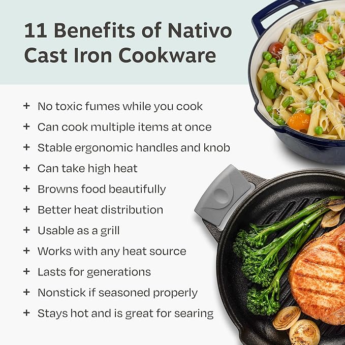 NATIVO 5 pc Stackable Cast Iron Cookware Set Versatile Enamel Dutch Oven Seasoned Grill Pan &amp Enamel Braiser with Precision Pour Spouts Universal Lid Included Spacers/Handle Holders Midnight