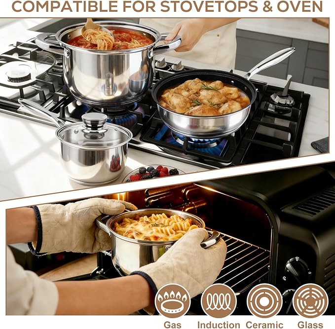 Stainless Steel Cookware Set - 15 Pieces Pots and Pans Nonstick Pot and Pan Set Includes 1 Frying Pans 5 Pots 6 Lids and 3 Utensils with Stay Cooling Handle Induction &amp Oven Safe
