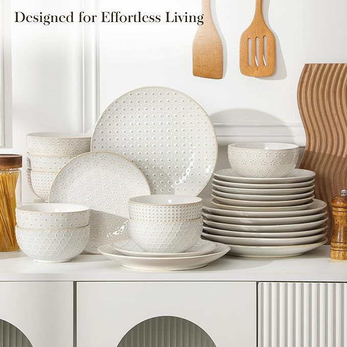 MALACASA 24 Piece Dinnerware Set Embossed Ceramic Dish Sets Service for 8 Plates and Bowls Set Durable Stoneware Tableware for Family Dinners Dishwasher &amp Microwave Safe