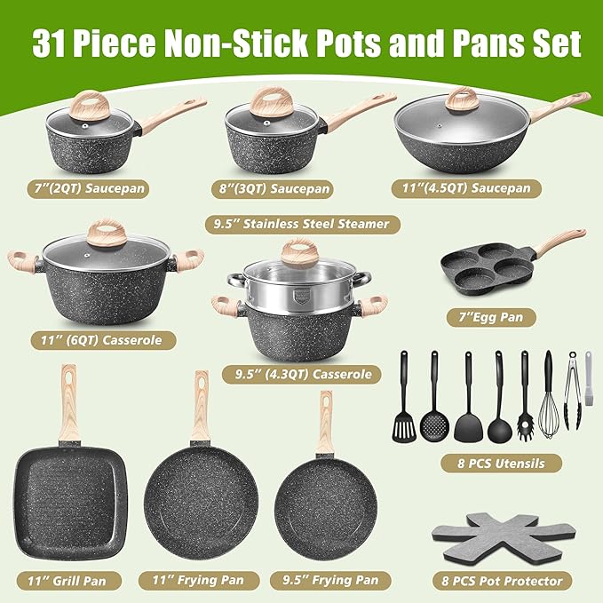 VOTTGO 31 Pcs Pots and Pans Set Non Stick Black Granite Induction Cookware Set Non Toxic Healthy RV Kitchen Cooking Set with Silicone Tools and Pot Protectors PFOA PFOS PFAS Free