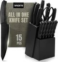 DFACKTO 15 Piece Matte Black Chef Knife Set with Sharpener and Block Modern Non-Slip Ergo Composite Handle Sharp Full-Tang High-Carbon Stainless Steel Blades Knives for kitchen