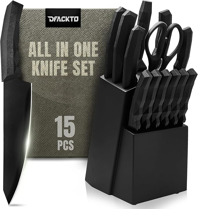 DFACKTO 15 Piece Matte Black Chef Knife Set with Sharpener and Block Modern Non-Slip Ergo Composite Handle Sharp Full-Tang High-Carbon Stainless Steel Blades Knives for kitchen