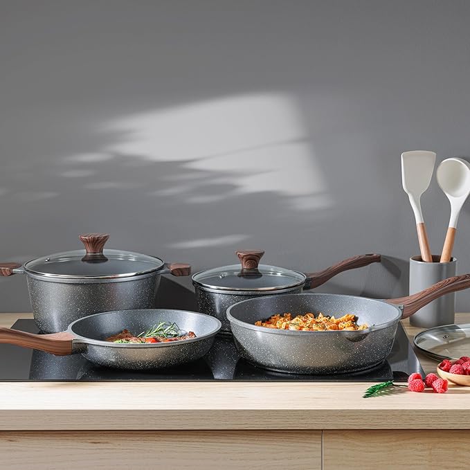 SENSARTE Nonstick Cookware Set 13-Piece Non Stick Pots and Pans Set with Swiss Granite Coating Healthy Kitchen Cooking Set Stay-Cool Handles PFOA Free