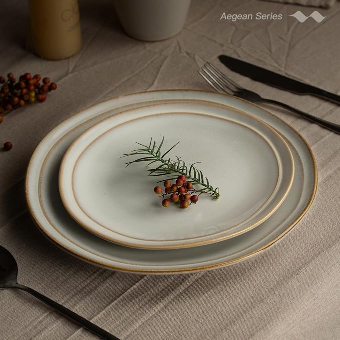 Famiware Aegean Stoneware Dinnerware Set for 4 Plates and Bowls Sets 12-Piece Scratch-Resistant Dinner Plate Set Handmade Irregular Round Dishes - Microwave and Dishwasher Safe Cappuccino White