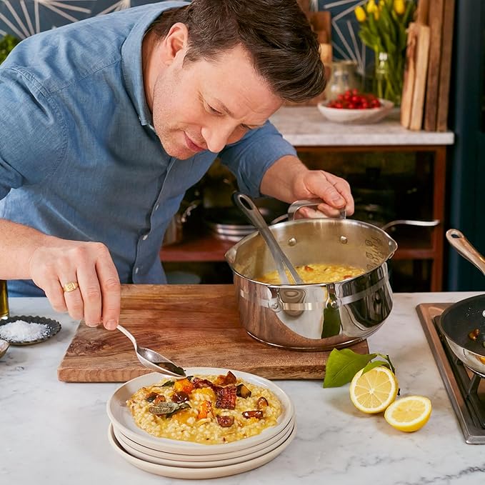 Jamie Oliver by T-fal Cook Smart 10-Piece Cookware Set Uncoated Stainless Steel Robust Fast Heating Even Cooking Riveted Handle Induction safe Oven and dishwasher safe