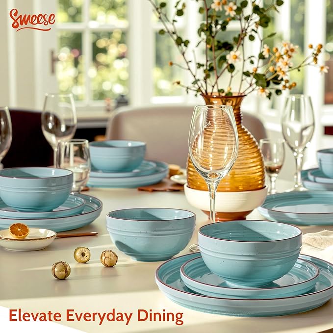 Sweese Plates and Bowls Sets Porcelain Dinnerware Sets for 6 18 pcs Handcrafted Glaze Embossed Dinner Set Scratch Resistant Dishware Dishwasher Oven Microwave Safe Ceramic Dish Set Gradient Blue