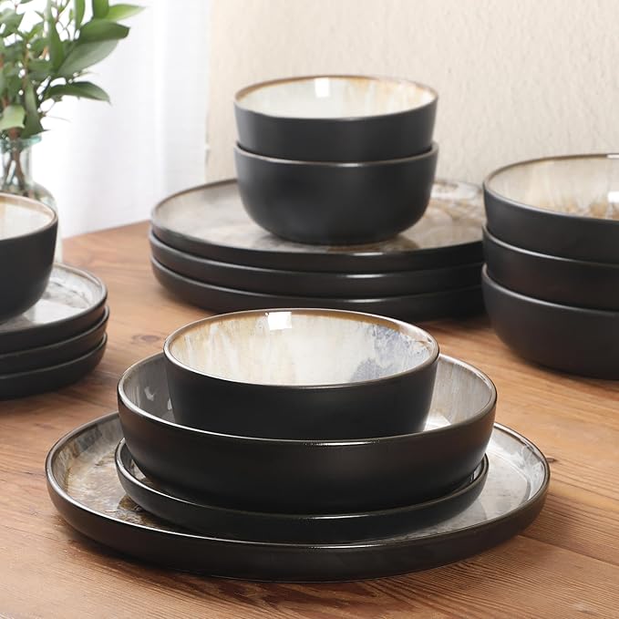 Gibson Elite Chantilly Hill 16-Piece Porcelain Dinnerware Set Round Plates &amp Bowls Multicolor Leaf Design Microwave &amp Dishwasher Safe Service for 4