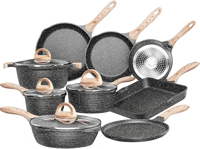 JEETEE Pots and Pans Set Non Stick 23pcs Healthy Kitchen Cookware Sets Induction Cooking Set W/Gray Frying Pans Saucepans Sauté &amp Griddle &amp Crepe Pan (PFOA PFAS Free)