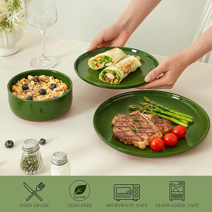 Stoneware Cereal and Soup Bowls Set of 4 6-Inch Dual Glaze Ceramic Bowls for Breakfast &amp Oatmeal Microwave and Dishwasher Safe Forest Glaze Green