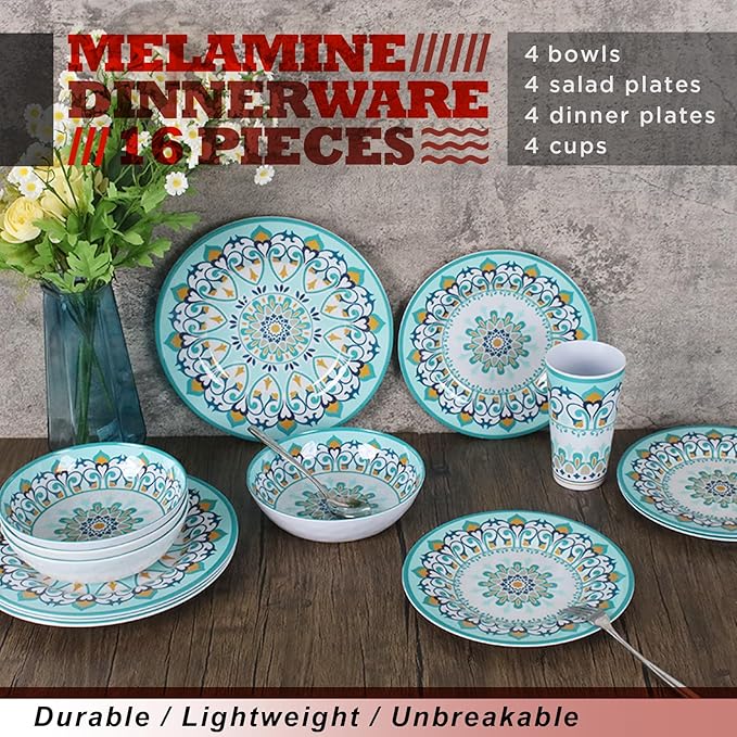 Melamine Dinnerware Set for 4-16 Pcs:Camping Dishes Set with Dinner PlatesSalad PlatesBowls and Cups.Lightweight and Unbreakable.Indoor and Outdoor Use.