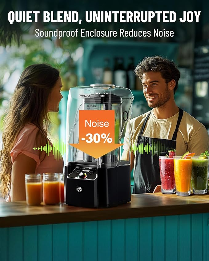 WantJoin Professional Commercial Blender With Shield Quiet Sound Enclosure 2200W Industries Strong and Quiet Professional-Grade Power Self-Cleaning Black
