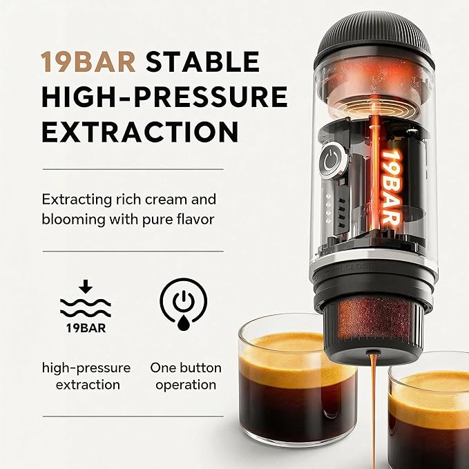 Portable Espresso Machine with 3-4 Min Self-heating 12V Rechargeable Electric Coffee Machine 19 Bar Compatible with NS Capsules and Ground Coffee for Car Camping Travelling
