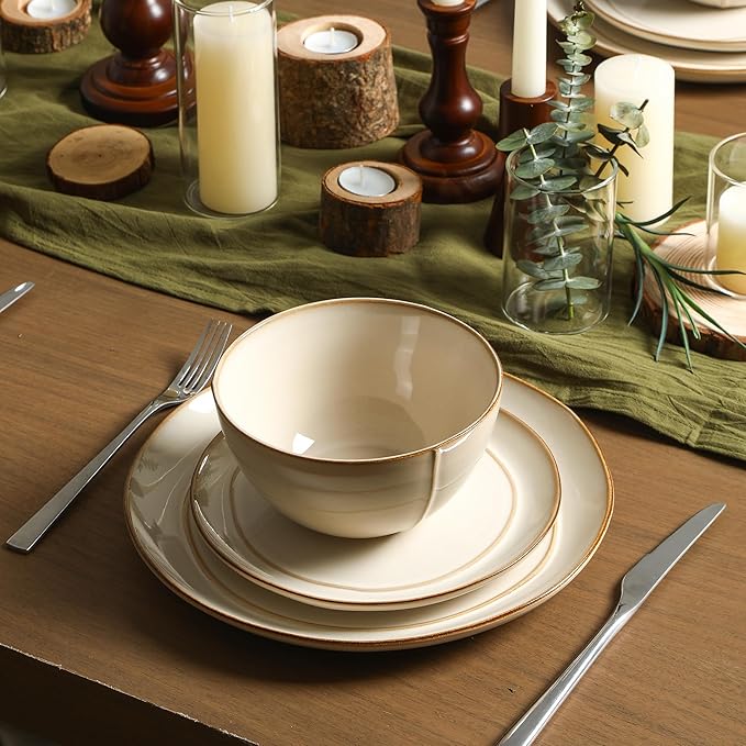 Stone Lain Infinity 12-Piece Dinnerware Set Stoneware Plates and Bowls Set Dishwasher and Microwave Safe Dish Set for 4 Beige