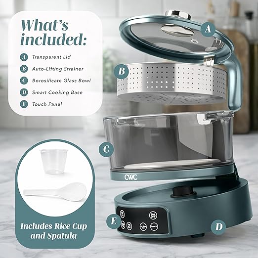 COOK WITH COLOR 3L Glass Mini Low Carb Rice Cooker – Holds 2 Cups Raw/Makes 6 Cups Cooked with Auto Lift Filter Basket Hotpot &amp Steamer for Rice Grains Digital Panel with Keep Warm Slate Blue