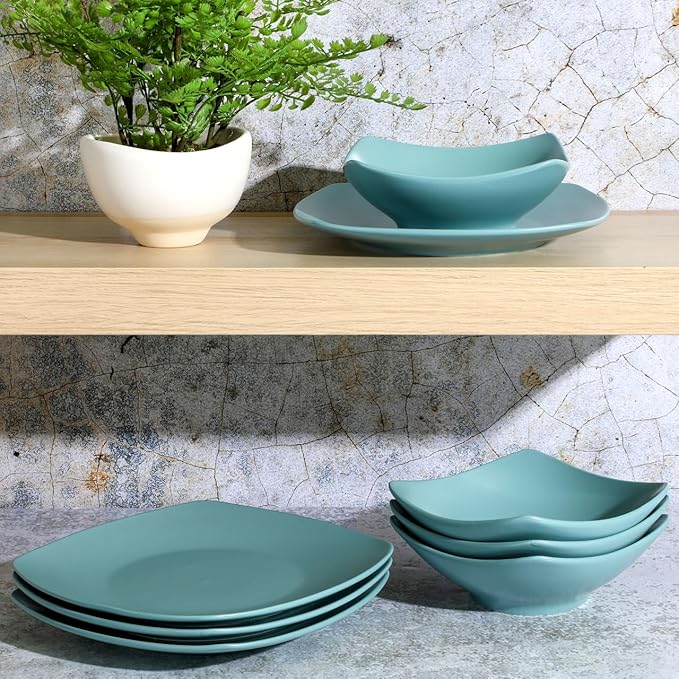 8 Piece Ceramic Dinnerware Set – Modern Matte Arctic Blue Plates and Bowls Soft Square Design Microwave &amp Dishwasher Safe (Arctic Blue)