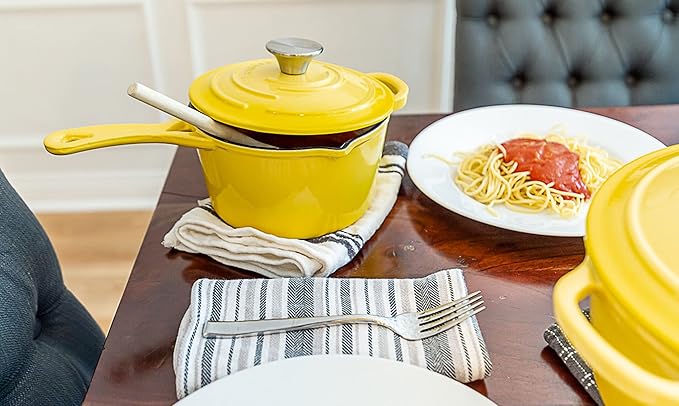 Larder &amp Vine 5-Piece Enameled Cast Iron Cookware Set - Includes 5.7 Quart Dutch Oven with Lid 10.25 Inch Skillet 2.2 Quart Saucepan with Lid (Limoncello)