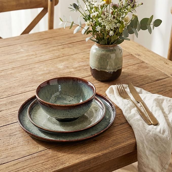Dinner Set 12 Pieces - Round Reactive Glaze Tableware - Kitchen Dinnerware Porcelain Crockery with Dinner Plate Bowl and Soup Plate Service for 4 Microwave Dishwasher Safe Set (No.1)