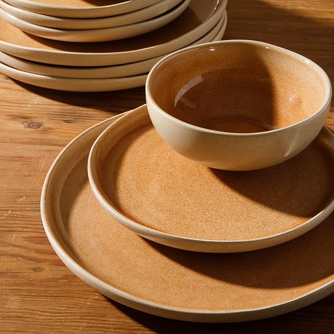Gibson Elite Manila Bay 12-Piece Stoneware Dinnerware Set Service for 4 Reactive Glaze Modern Artisan Plates Bowls &amp Mugs Orange Round Design