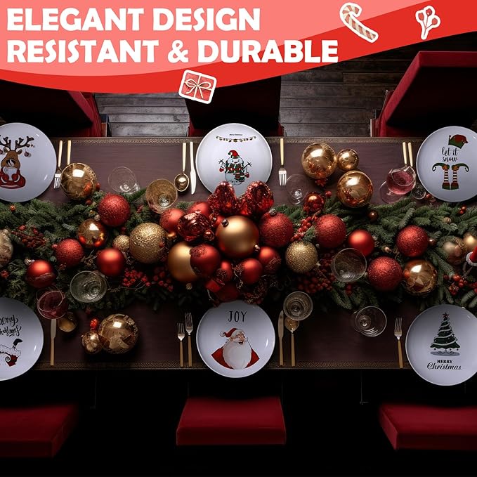 12 Pcs Christmas Melamine Dinner Plates and Bowl Service for 6 Guest with 6in Bowl 10in Plates Reusable Dinnerware Sets Xmas Party Supplies Gifts Festive Holiday Tableware Collection