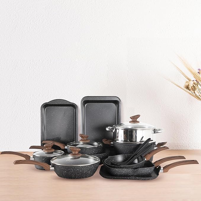 DishDelight 17 Piece Pots and Pans Set Non Stick Nonstick Induction Granite Kitchen Cookware Set Non Toxic Cookware Set with Frying Pans and Saucepan Cooking Sets Pots and Pans Black