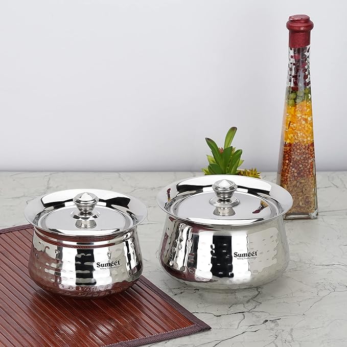 Sumeet Stainless Steel Handcrafted Hammered Texture Handi Set with Lid for Kitchen Set of 2 460ml &amp 650ml Silver