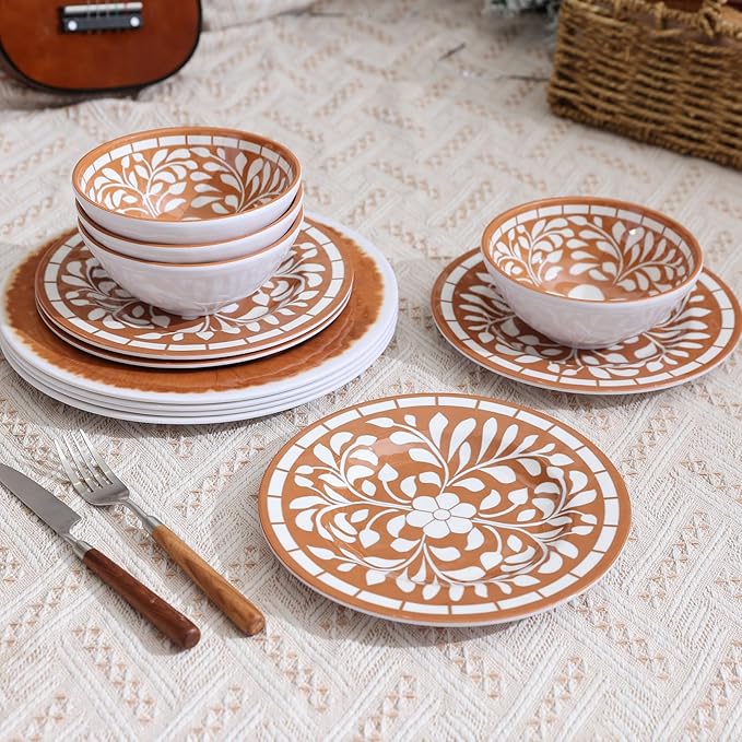Melamine Plates and Bowls Set 12-Piece Melamine Dinnerware Set Dinner Serving Dishes Set for 4 Unbreakable Brown-Yellow