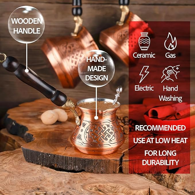 7.6fl Oz Copper Turkish Greek Arabic Coffee Pot with Copper Handle - Cezve Ibrik Briki Stovetop Coffee Maker (Includes Copper Spoon) (2 servings)