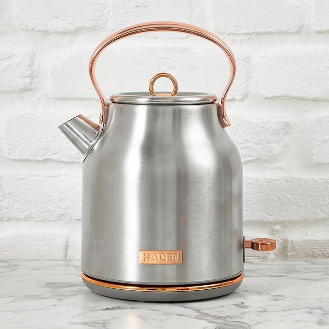 Haden Heritage 4 Slice Wide Slot Stainless Steel Toaster Bundled with 1.7 Liter Stainless Steel Electric Water Kettle Steel &amp Copper
